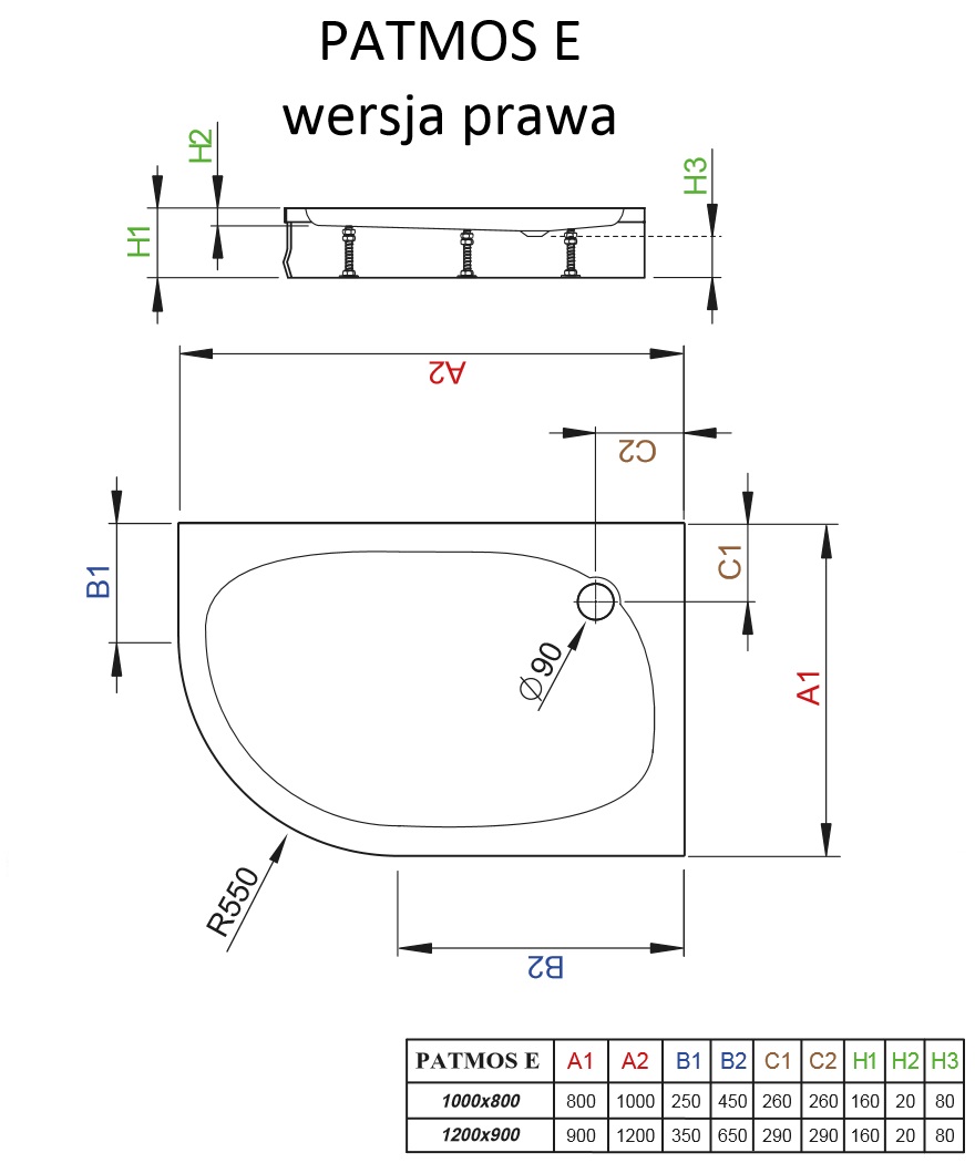 Brodzik asymetryczny Patmos E Radaway prawy schemat